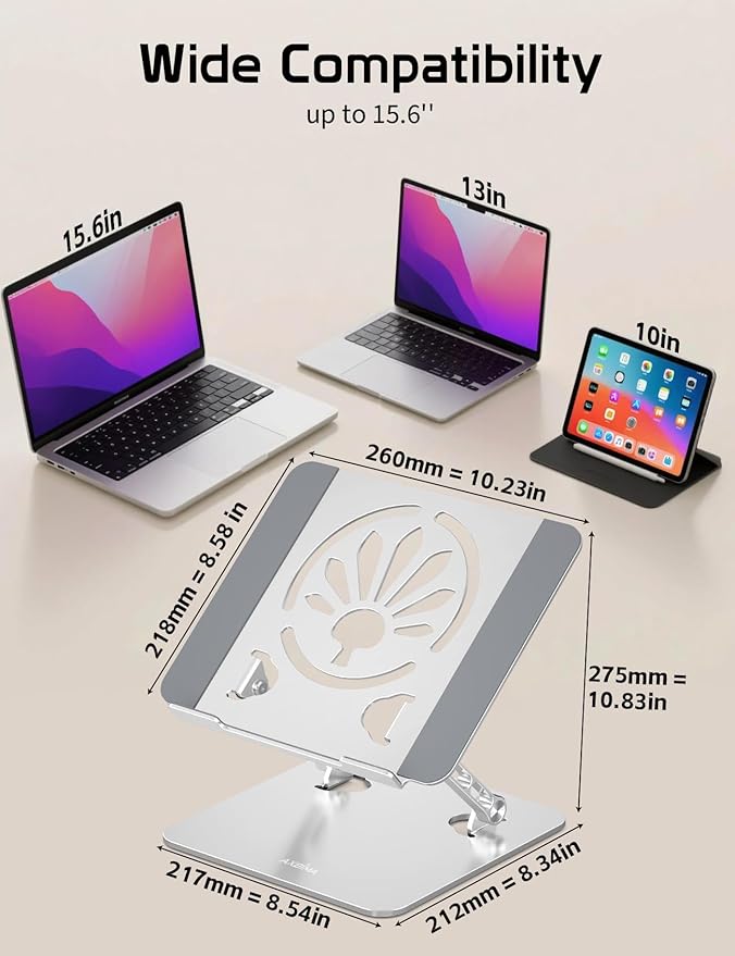 Axbima Aluminum Laptop Stand for Desk – Adjustable Ergonomic Laptop Riser, Foldable & Portable Holder Fit for MacBook & 10"-16" Laptops for Office, Home & Travel,Silver