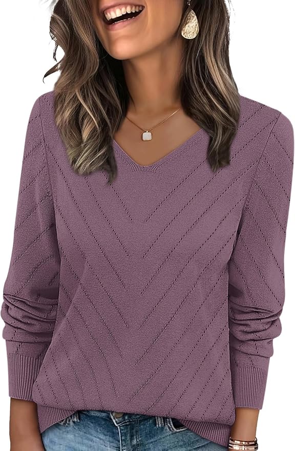 WIHOLL Sweaters for Women V Neck Casual Knit Long Sleeve Tops Lightweight Pullover Clothes Fall Fashion Outfits 2026