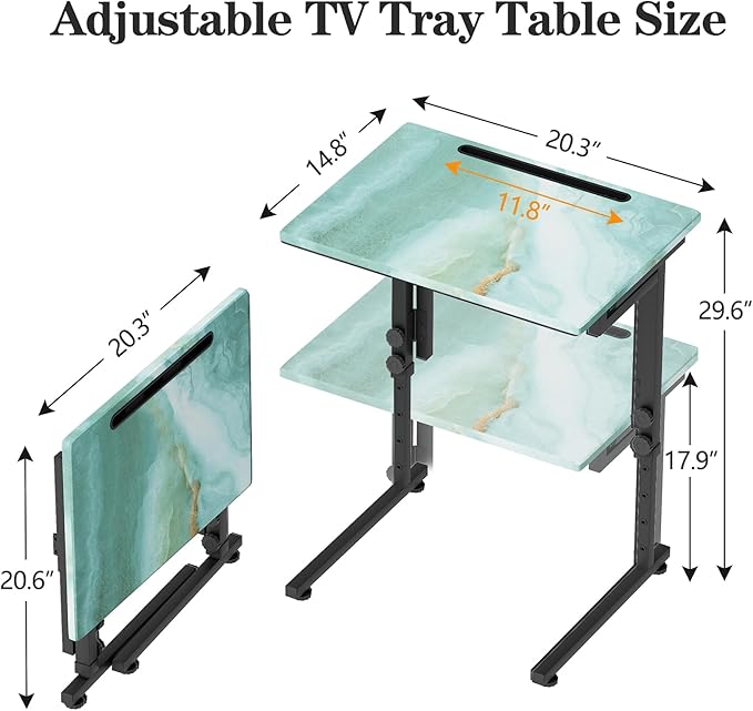 Adjustable Height Tv Tray Table,Portable Folding Tv Tray Dinner Snack Trays Table,Small Foldable C-Shaped End Table for Eating,Slide Under Couch Side with Sturdy MDF Top,No Assembly(Sea Blue+Black)