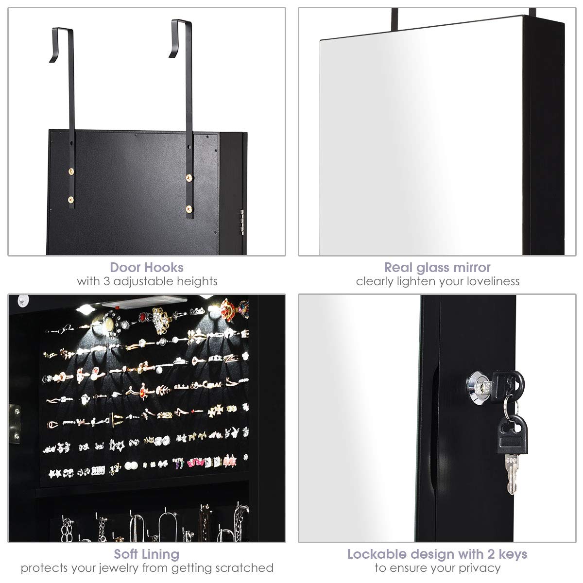 OFFICEJOY Wall/Door Mounted Jewelry Armoire w/Full-Length Mirror & LED Lights, Lockable Jewelry Armoire Mirror Organizer, Jewel Storage Hanging Cabinet w/Scarf Rod, 36 Hooks, 1 Makeup Pouch (Black)