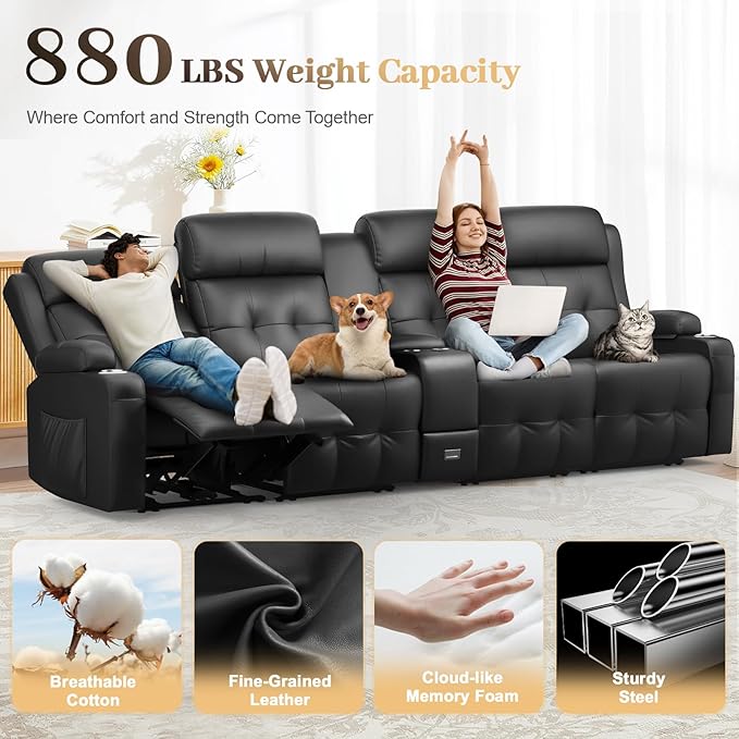 Aotolo Recliner Sofa, Massage Reclining Sofa 4 Seater Sets Heavy Weight Capacity, RV Loveseat Couch Clearance with Console, USB, Type C Port, Storage, Cup Holders, Wall Hugger Chair for Living Room