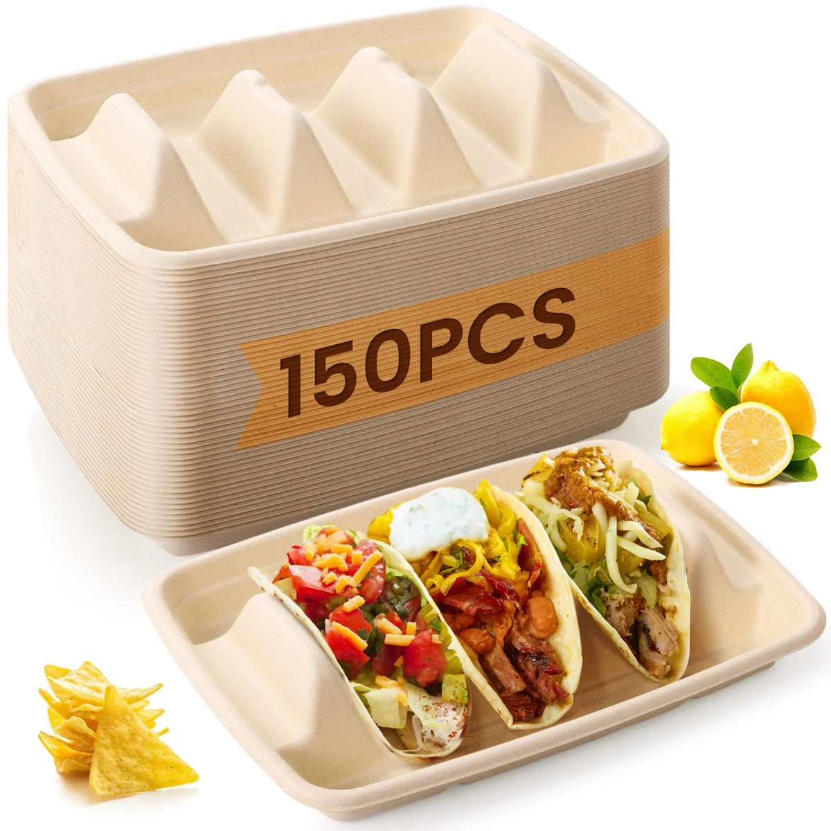 JUSTDOLIFE 150 PCS Disposable Taco Holders for Party, Bagasse Pulp 3-Slot Taco Plates, Taco Plates With 3 Dividers, Recyclable Plant Fiber Food Serving Tray for Taco Sandwich Pancake Hot Dog