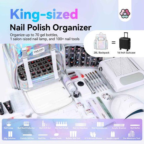 SAVILAND Nail Polish Organizer Bag: 30 Bottle Holder & 70 Bottle Organizers & Storage Case for Nail Tech Supplies