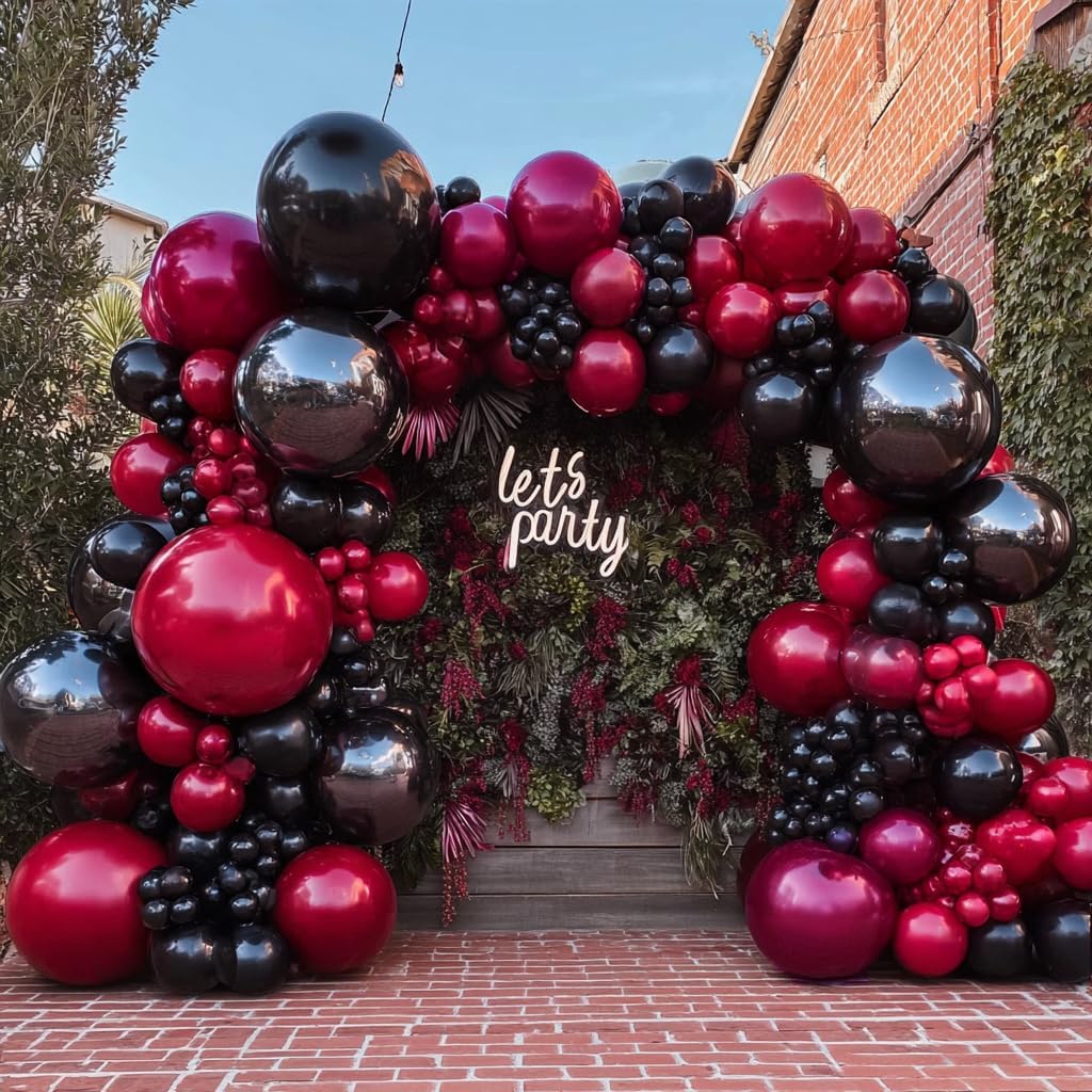 Black Red Balloons Thick Double Stuffed Black Burgundy Balloon Garland Arch Kit for Gothic Vampire Till Death Do Us Rip To Twenties Halloween Birthday Party Decorations