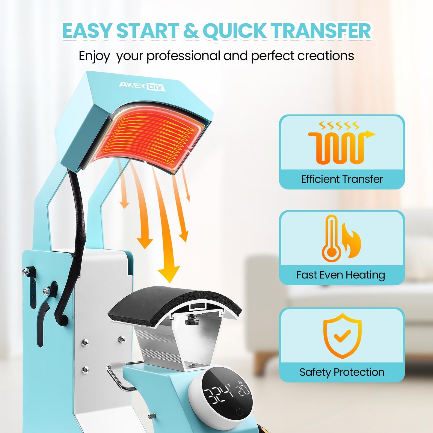 AKEYDIY 3-in-1 Auto Cap Heat Press Machine, Hat Heat Press with 3pcs Replaceable Heating Pads, Automatic Release&Press Knob-Style Digital Control Panel, DIY Sublimation Caps T-Shirts Bags