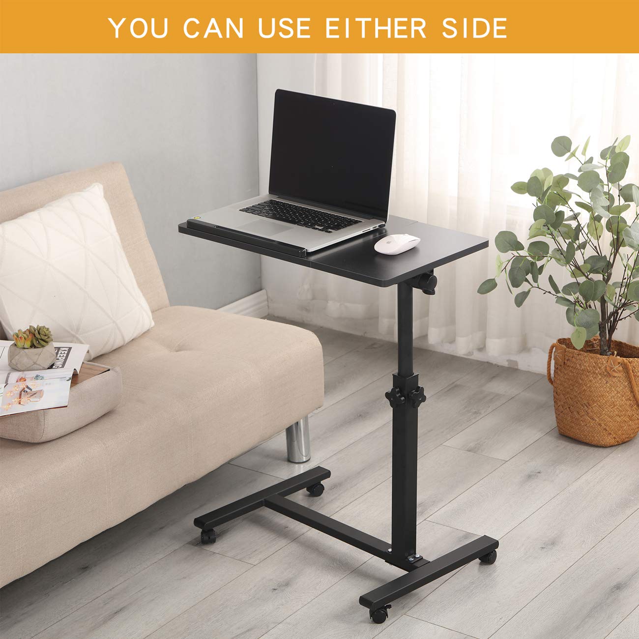 TigerDad Overbed Bedside Desk Mobile Rolling Laptop Stand Tilting Overbed Table with Wheels Height Adjustable Tray Table for Laptop Bed Sofa Side Table (Black)