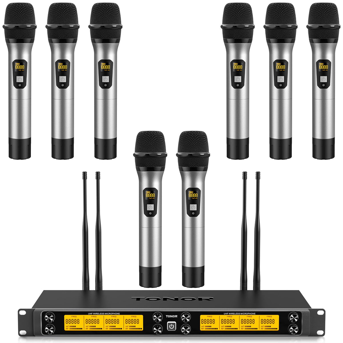 TONOR Wireless Microphone System, 12-Channel UHF Cordless Mic, 8 Handheld Metal Dyanmic Mic with Receiver, 295ft Range, 8x12 UHF Frequencies, Mic Mute, Ideal for Church Singing Karaoke Rehearse TW880