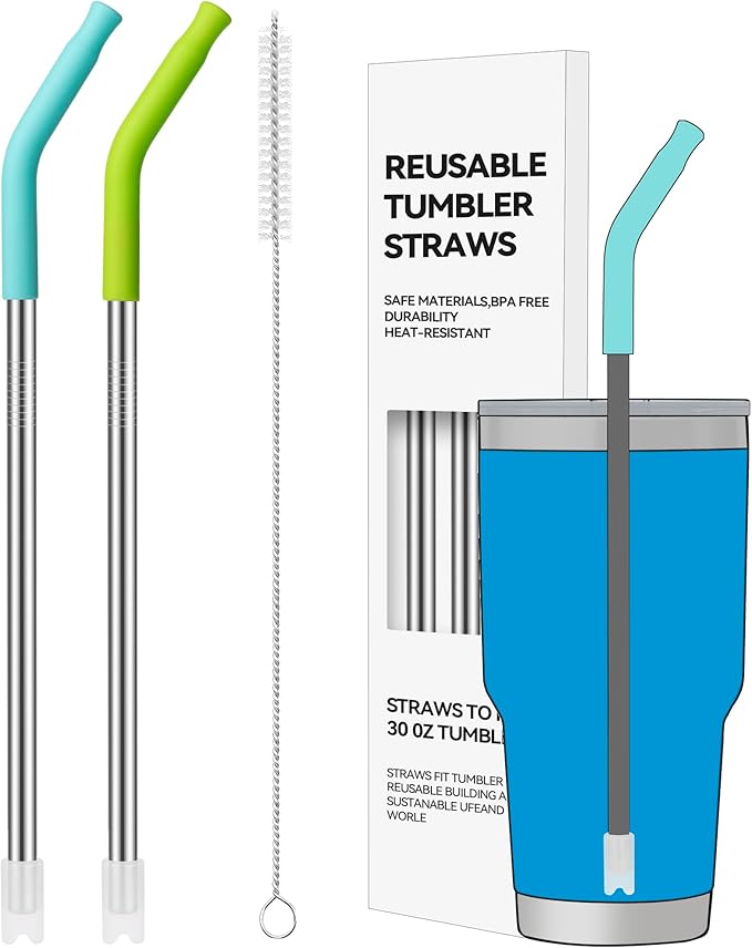 2 PCS 30oz Reusable Straws Ideal for 30oz Stanley Cup & 24oz Tumblers, Stainless Steel Drinking Straw with Anti-Clank Silicone Bottom, Fits Most Medium-Size Mugs