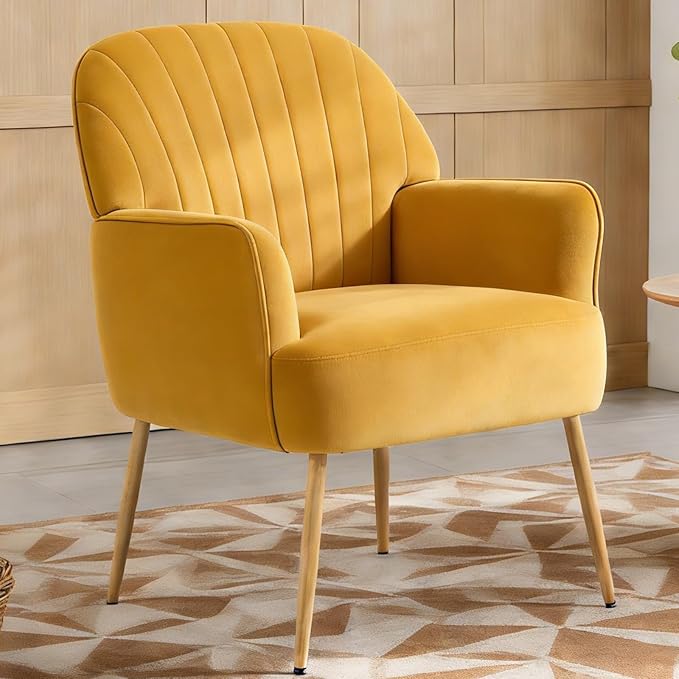 Holiway Velvet Accent Chair, Mid Century Modern Accent Chairs for Living Room, Comfy Upholstered Armchair with Metal Legs for Bedroom/Apartment/Office/Waiting Room, Yellow