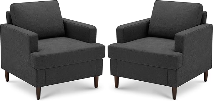 Weture Mid-Century Accent Chair,Modern Linen Fabric Armchair for Living Room,Comfy Upholstered Reading Accent Chairs for Bedroom,Single Sofa Chair with Wood Legs (Dark Grey, 2 Pack)