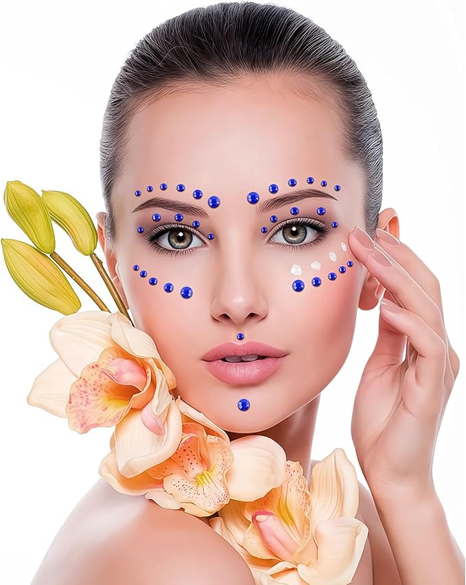 591pcs Face Gems Hair Gems Pearls, Self-Adhesive Face Jewels Eye Rhinestones 3/4/5/6/8 mm Face Gem Stick on, Halloween Makeup Gems Rave Accessories for Face Eyes Body Makeup (17.Dark Blue)