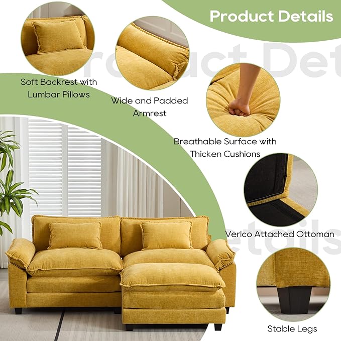 Oprisen 86" Modular Sectional Sofa, Comfy Cloud Couch Sectional Sofa with Ottoman, Chenille Sofa Sleeper Deep Seat Sofa with Throw Pillows for Living Room (Yellow, 86"- L Shape)