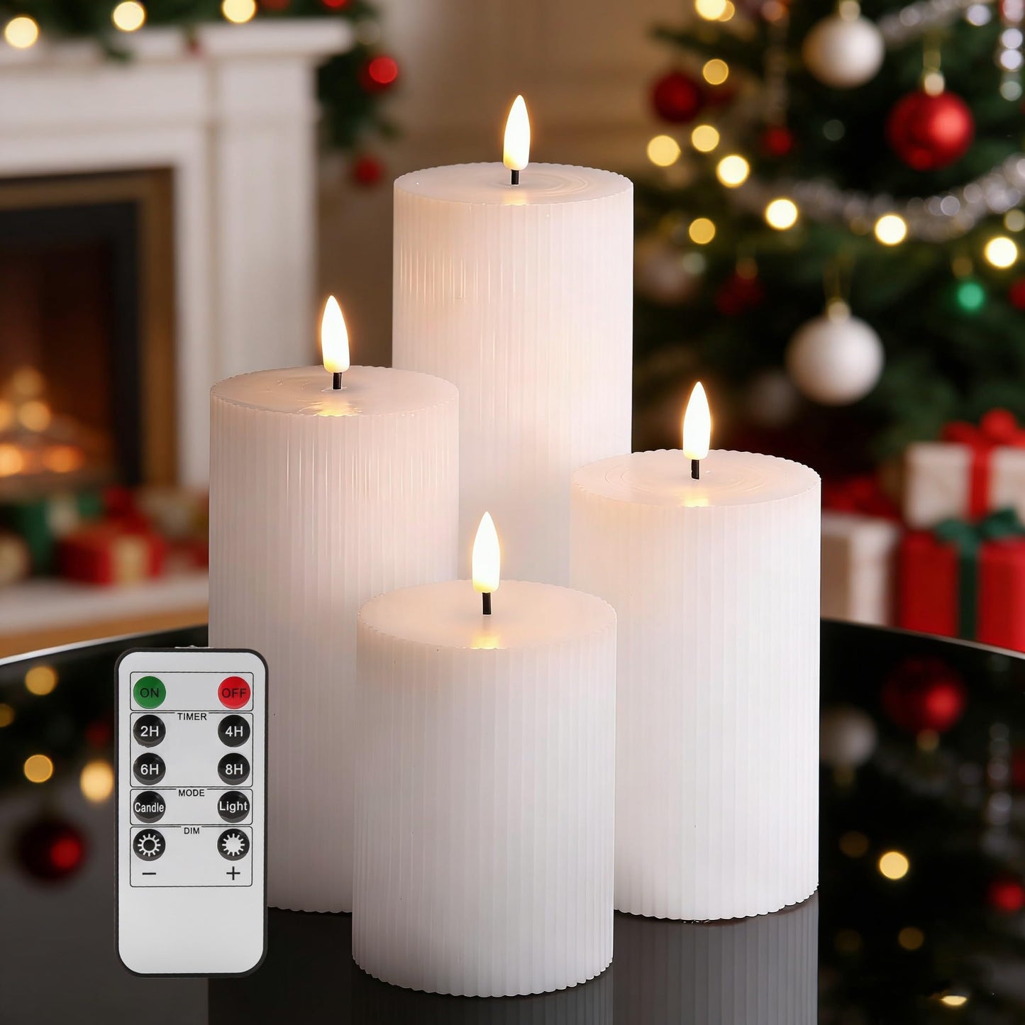 Girimax White Ribbed Flameless Pillar Candles with Remote, Flat Top Flickering LED Wax Battery Candles Set of 4, Φ 3" H 4" 5" 6" 8"