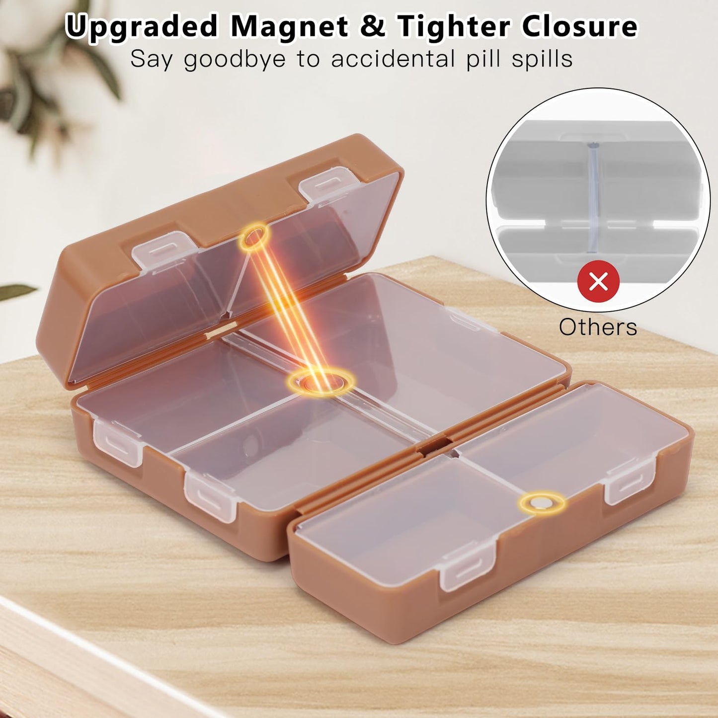 FYY Daily Pill Organizer,2 Pcs 7 Compartments Portable Pill Case Travel Pill Organizer,[Folding Design] Pill Box for Purse Pocket to Hold Vitamins,Cod Liver Oil,Supplements and Medication-Brown