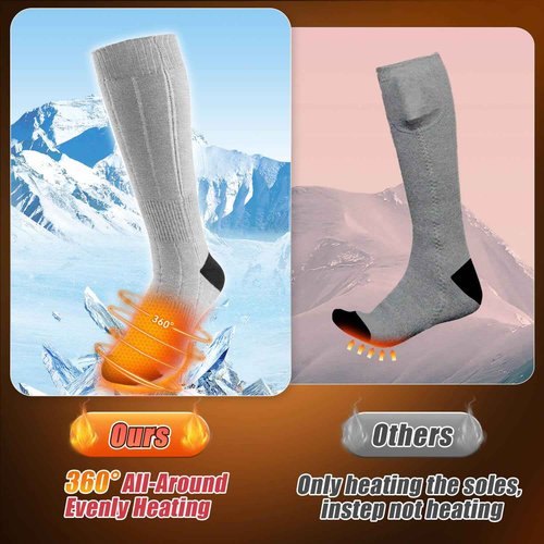 OZERO Heated Socks Rechargeable for Men Women: 6000mAh Electric Heating Socks with 360° Heating, Washable Foot Warmer for Ski Hunting Hiking Camping, Gray/Large