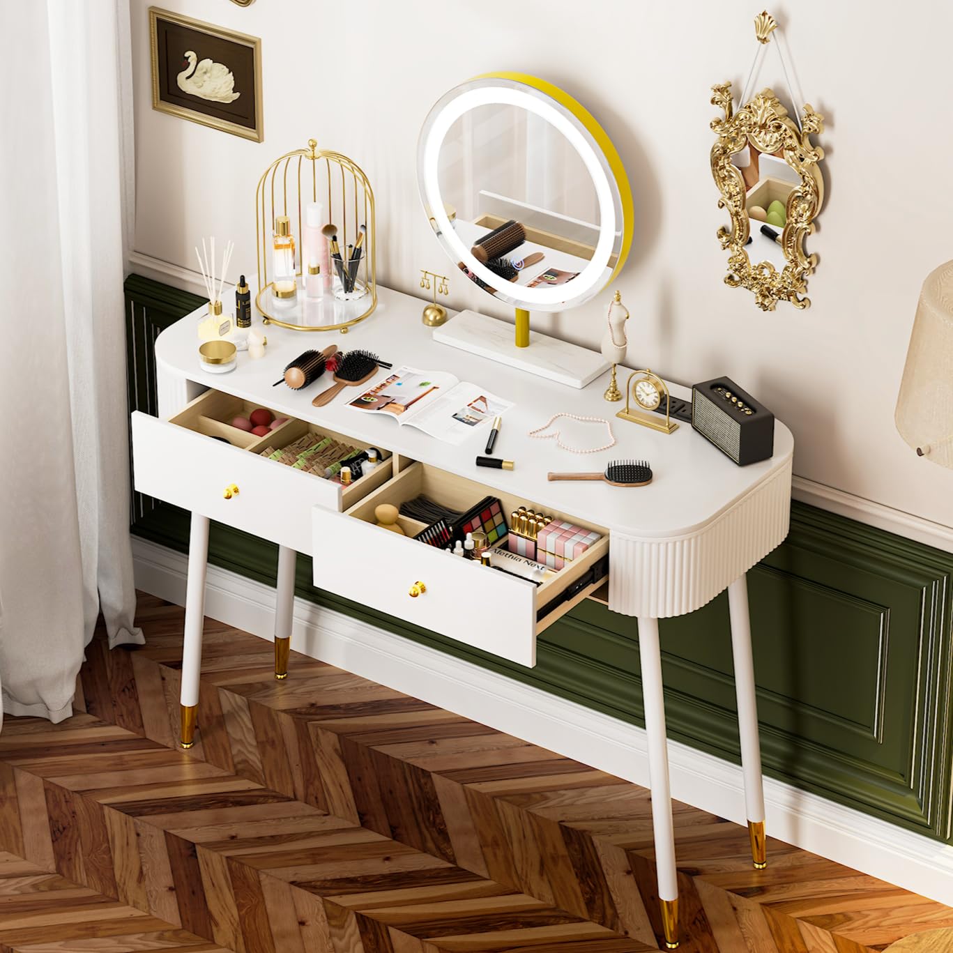 WinZo 40" Vanity Desk with Mirror and Lights, Small Makeup Vanity Table with 2 Storage Drawers and Charging Station, 3 Color Touch Screen Stylish Dressing Table for Small Spaces & Bedroom, White