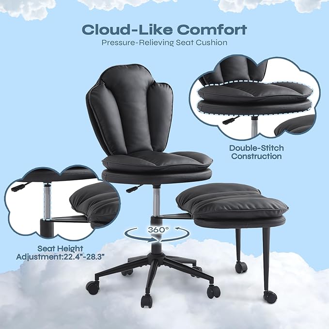 Ergonomic Cross Legged Office Chair for ADHD, Kneeling Chair with 360° Swivel Wheels and Reversible Seating for Meditation, Adjustable Height and Seat Deapth, Teddy Fabric, Black