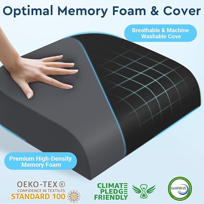 Seat Cushion, Memory Foam Office Chair Cushions for Long Sitting Hours, Chair Pad for Sciatica, Coccyx, Tailbone, Hip Pain & Pressure Relief, Office, Home, Car Seats, Airplane, Black/Large