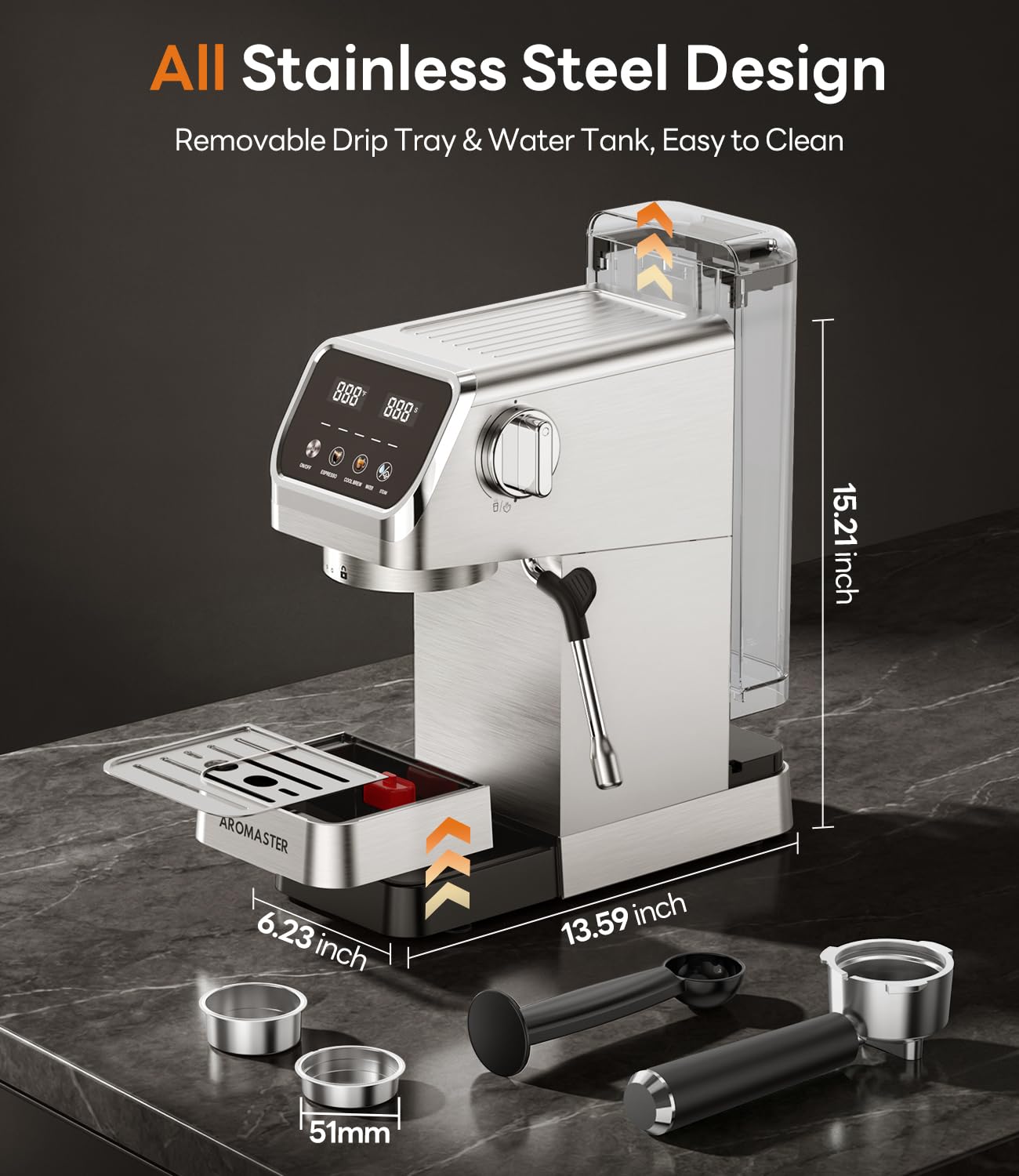 Aromaster Espresso Machine 20 Bar with Milk Frother, Easy to Use Compact Espresso Maker with Touchscreen, Fast Heat 1400W for Latte & Cappuccino, Stainless Steel Coffee Machine for Home & Office