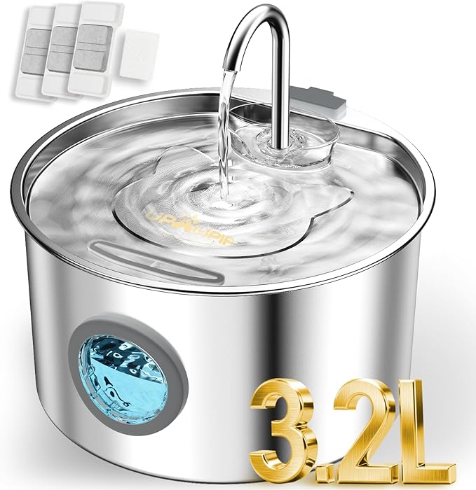 108oz/3.2L Stainless Steel Cat Water Fountain with Detachable Tank, Easy to Clean & Assemble, Pet Drinking Dispenser with ...