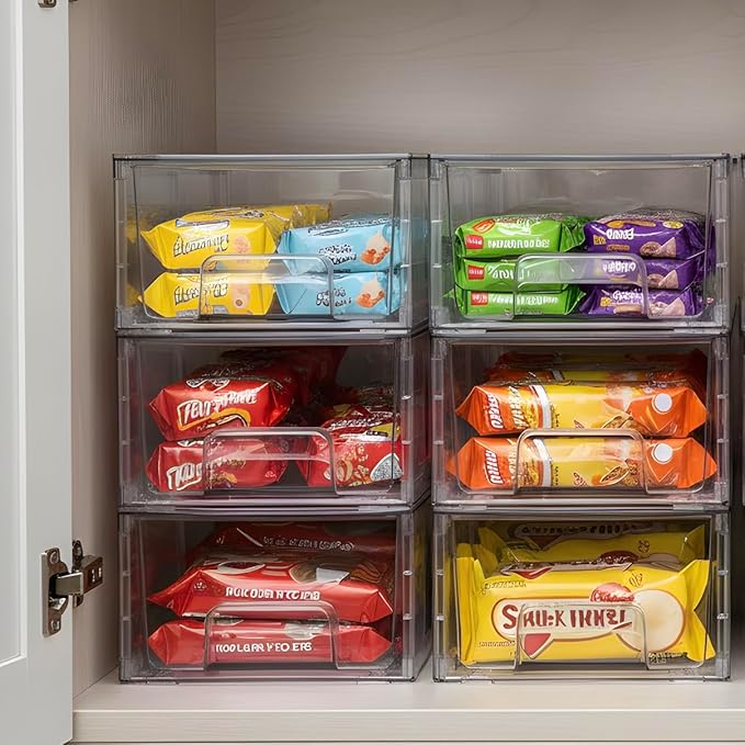 4 Pack Stackable Storage Drawers,Plastic Organizers Bins, Drawers Storage with Handles and Movable Dividers for Organization and Storage in Fridge,Dressers, Pantry, Kitchen Cabinets, Under Sink