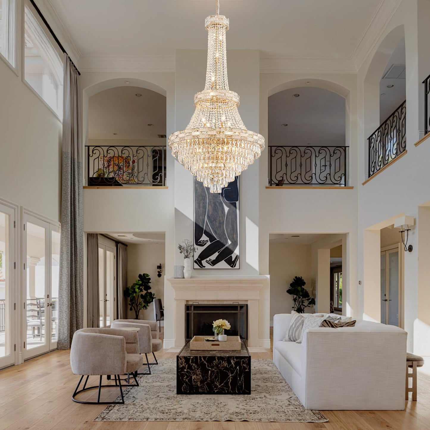 SHAOCHIAO 25-Light Gold Crystal Chandelier, 3-Layer High Ceiling Hanging Chandeliers Modern Large Chandeliers Light Fixture for High Ceilings,Entryway,Foyer,Staircase,Hallway,Living Room(H60 x D31)