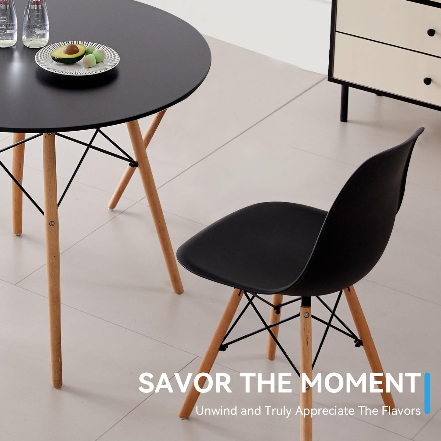 Lecafur HL 5-Piece 35.5" Round Dining Table Set, Small Kitchen Table Chairs Set of 4 Plastic Seats, Solid Wood Legs, Space Saving Furniture for Living Room Apartment Office Home, Black