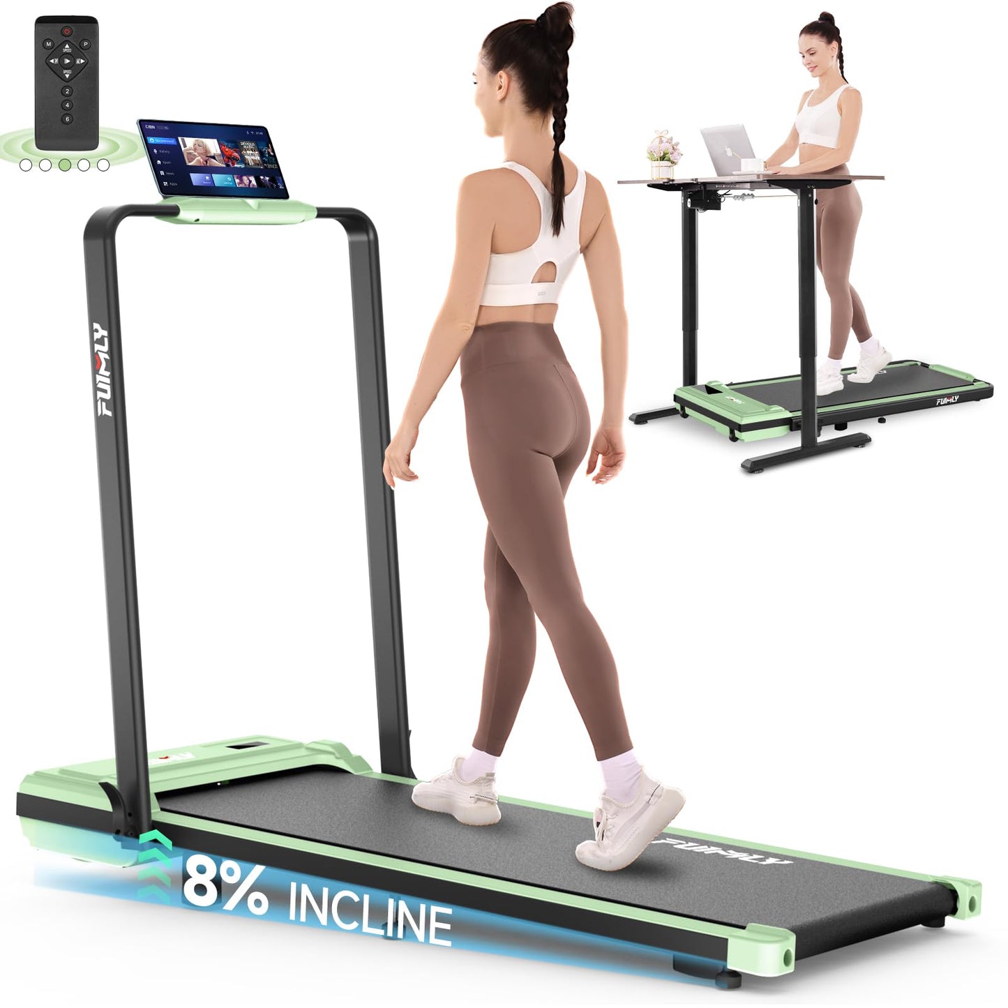 FUNMILY Walking Pad Treadmill with Incline, Foldable Treadmills for Home Office, Portable Walking Pad 300lbs Capacity, Remote Control, Led Touch Screen, 2s Folding Treadmill