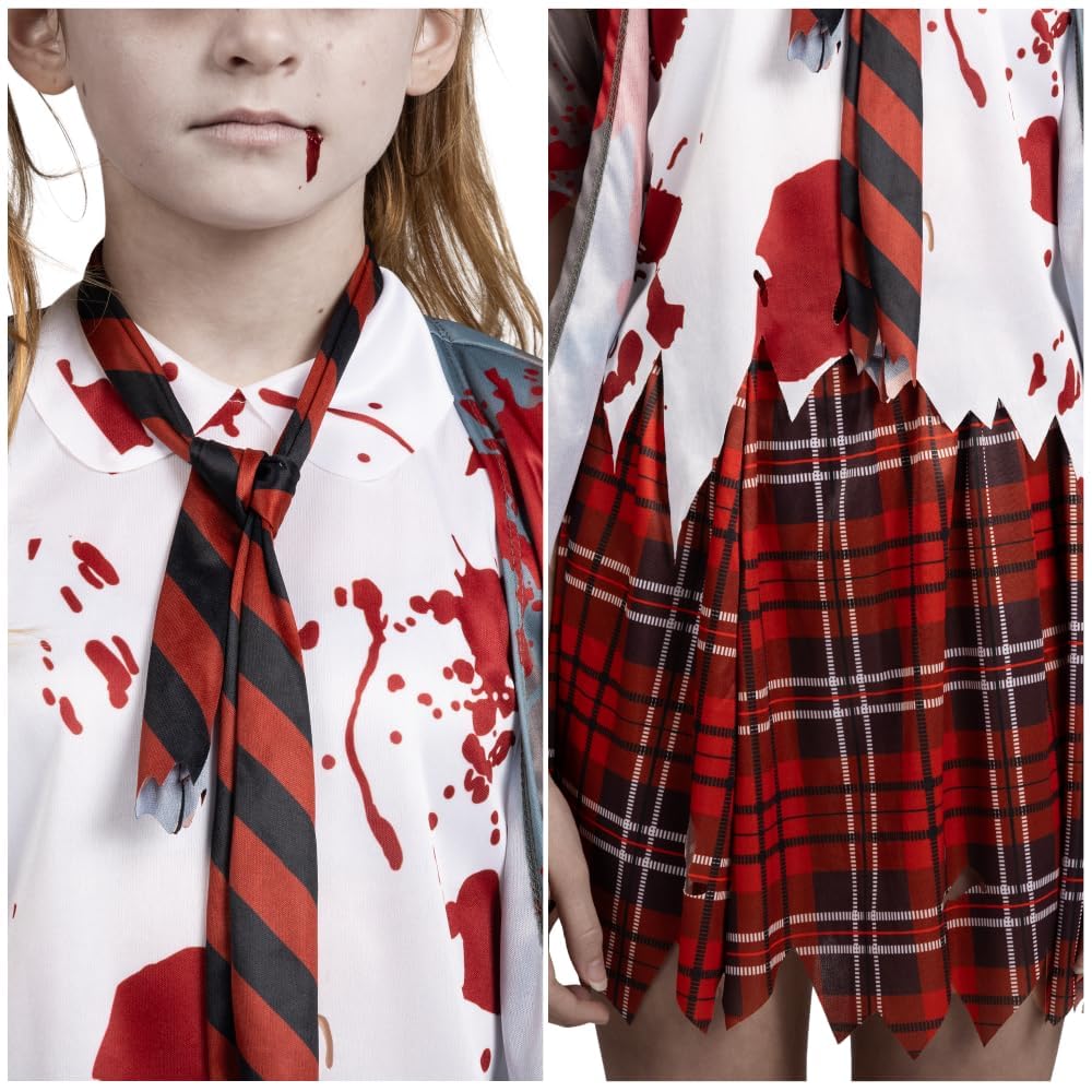 Spooktacular Creations Zombie Schoolgirl Costume, Halloween Girl Bloody Zombie Costume for Kids,Halloween, School, Event Party Dress Up (Gray, Medium(8-10 yrs))