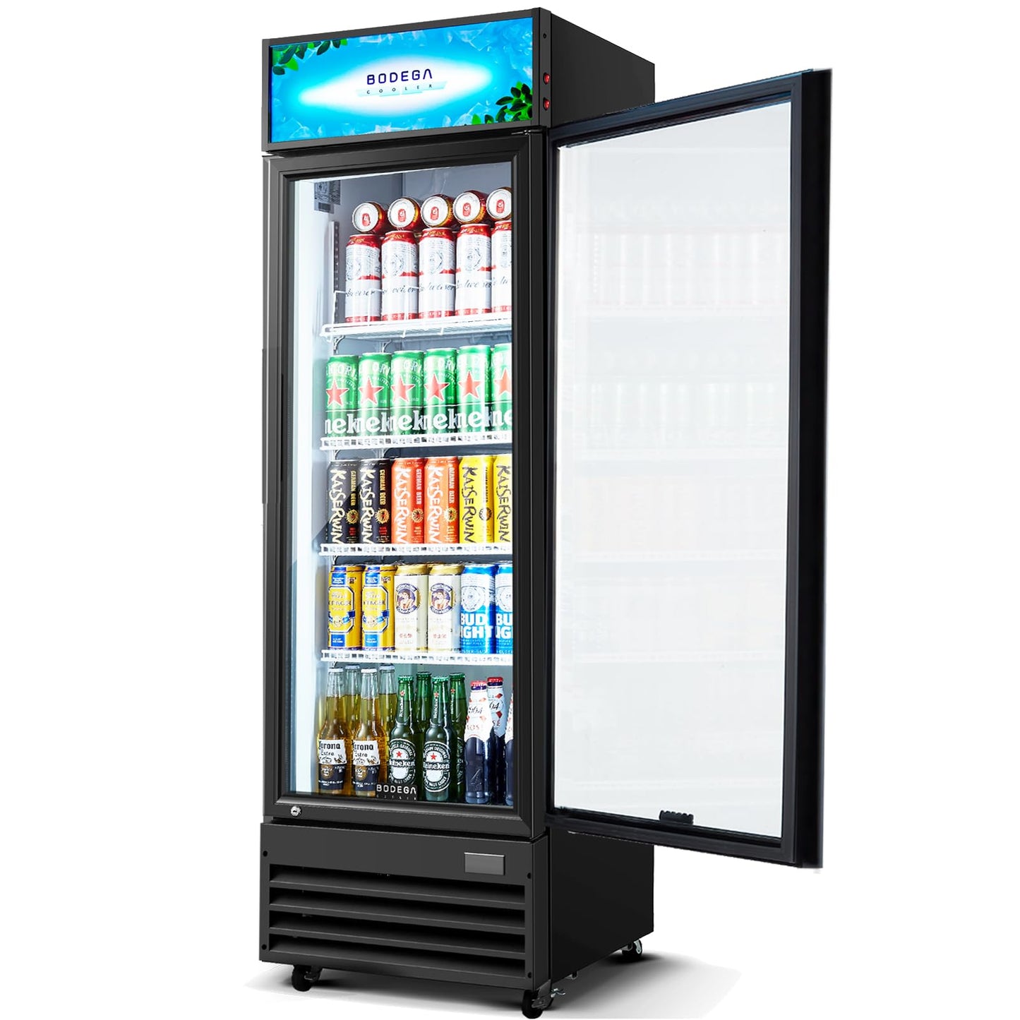 BODEGACOOLER Beverage Refrigerator and Cooler, Commercial Refrigerators with 4 shelves, Commercial Fridge with Soft LED Light. Merchandiser Refrigerators as Black Bar Cooler For Party, 9.0 Cu. Ft