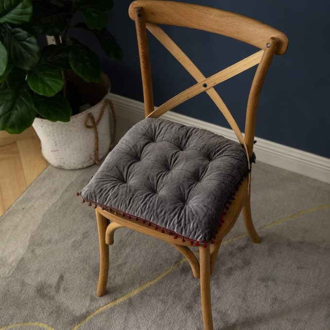vctops Velvet Soft Square Chair Pad with Ties Cute Gradient Pom Pom Indoor Dining Chairs Cushion (Grey, 16" x 16")