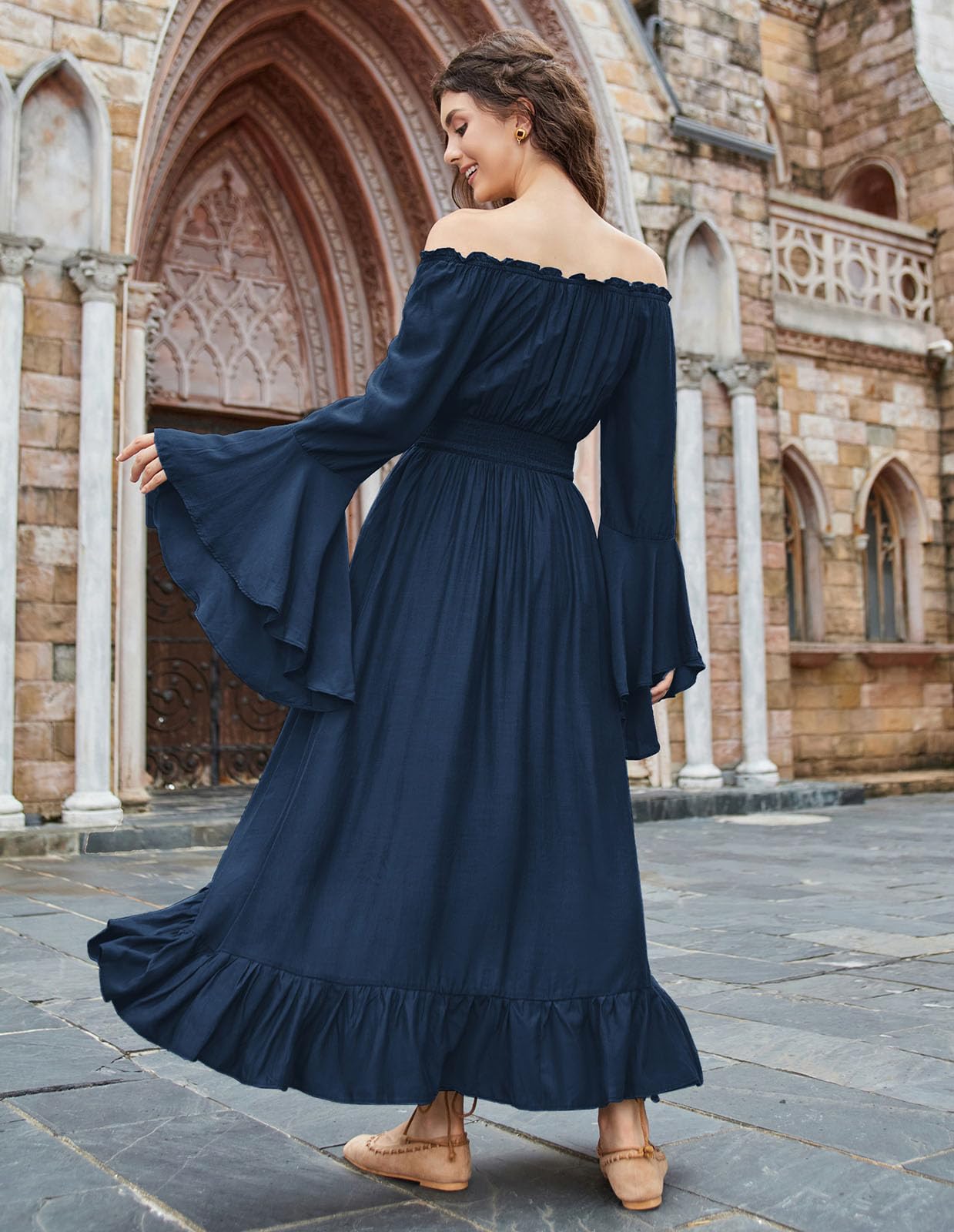 Scarlet Darkness Renaissance Costume Women Smocked Wasit Peasant Ruffled Flowy Dress Navy Blue XXL
