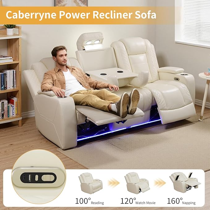 Caberryne Power Recliner Sofa with LED Lights,Leather Reclining Couch with Double Recliner/USB Port/Coffee Table/Cup Holder for House/Home Theater(3 Seater Sofa,Creamy)
