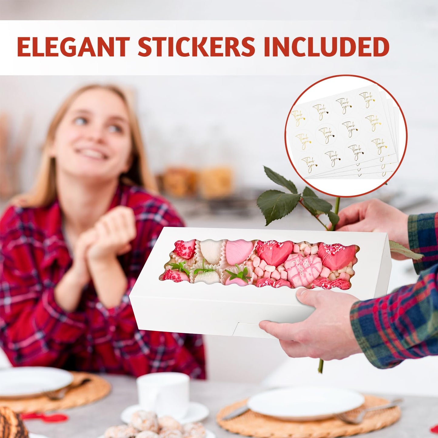 ZORRITA 30 Pack Auto Pop-up Cookie Boxes with Window, 12.5" x 5.5" x 2.5" White Bakery Boxes Treat Boxes for Chocolate Covered Strawberries, Cake Pops, Donuts, Cocoa Bombs, Sugar Cookies, Pastries