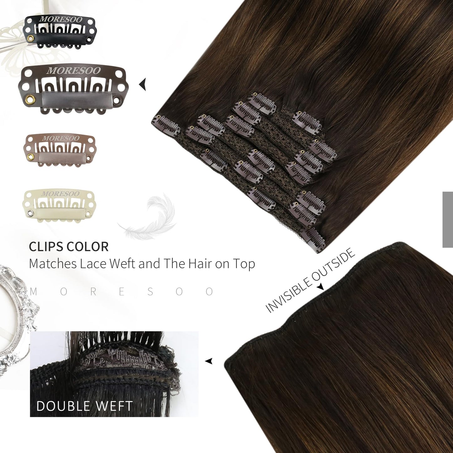 Moresoo Clip in Hair Extensions Real Human Hair Ombre Dark Brown to Chestnut Brown Double Weft Clip in Human Hair Extenisons Bal