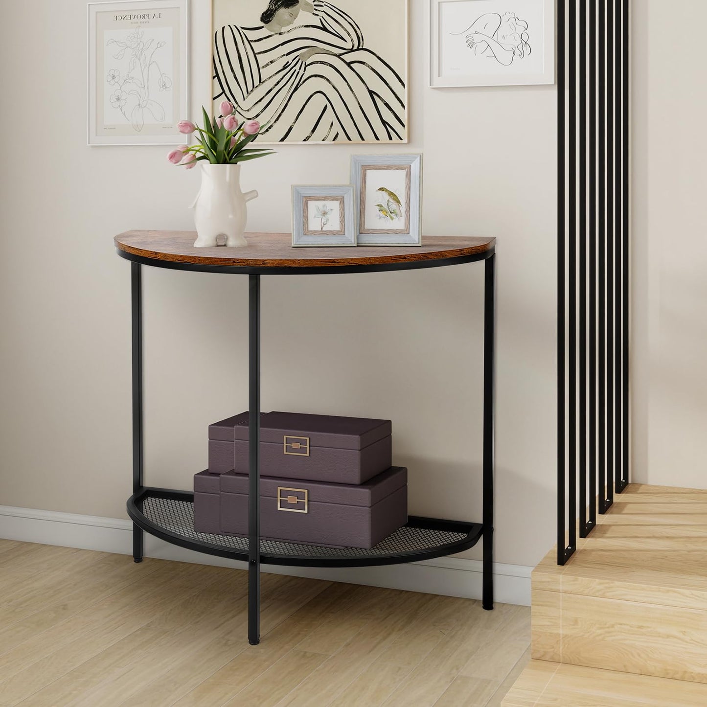 Entry Table Narrow Livingroom Furniture: 2 Tier Modern Console Table with Gold Frame and Imitation Marble Top for Kitchen Bedroom Hallway Living Room Office and More (Black)