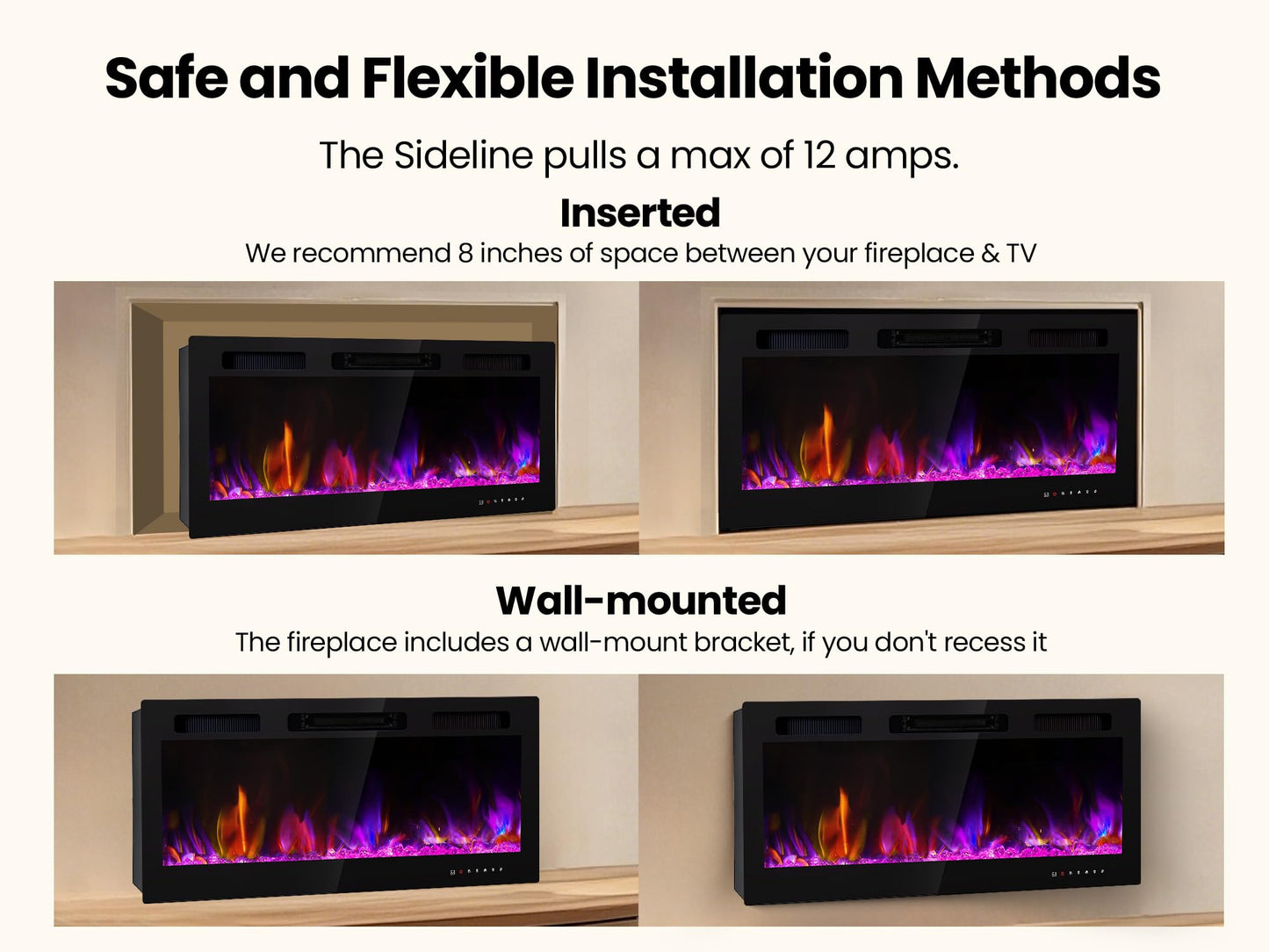 Electric Fireplace 50 Inch Wall Mount Insert Fireplaces Realsmart 1500W,Fit for 2 X 6 stub,Ultra-Thin Heater Ultra-Thin with 3 Heating Modes Timer 12 Adjustable Flame Colors Touch Remote Control