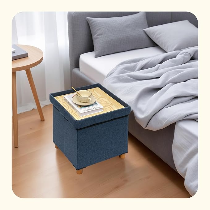PINPLUS Storage Ottoman Cube, White Linen Footrest with Wooden Legs, Foldable Fabric Footrest, Comfortable Seat with Lid, Ottoman with Storage for Living Room, 15" x 15" x 15"，Blue