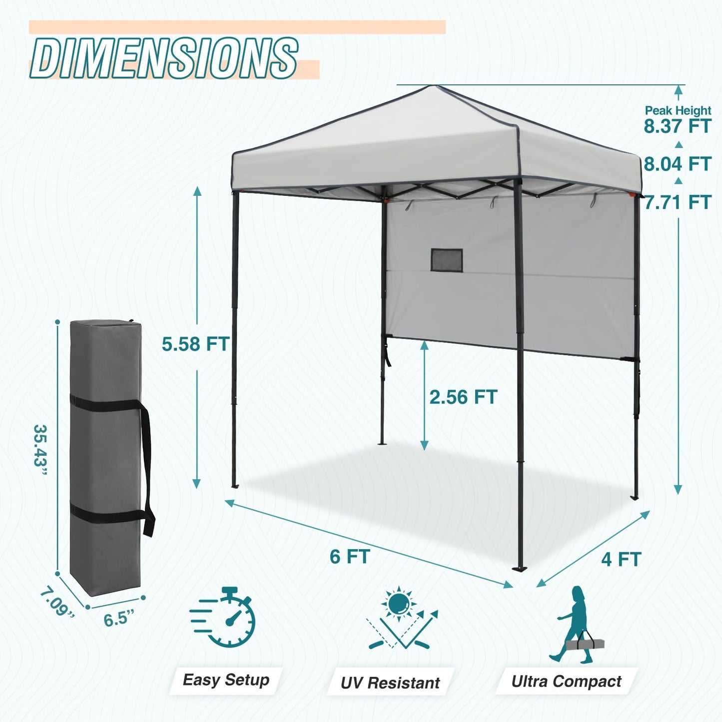 EAGLE PEAK Instant Pop Up Canopy with Adjustable Sun Wall 6x4, Straight Lightweight Compact Portable Tent with Carry Bag, Gray