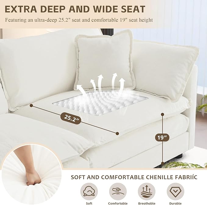 SoarFlash Chenille Sectional Sofa, Comfy L Shaped Modular Coush Sofa with Ottoman, Modern 4 Seat Couch Deep Seat Sofa Set for Living Room,White