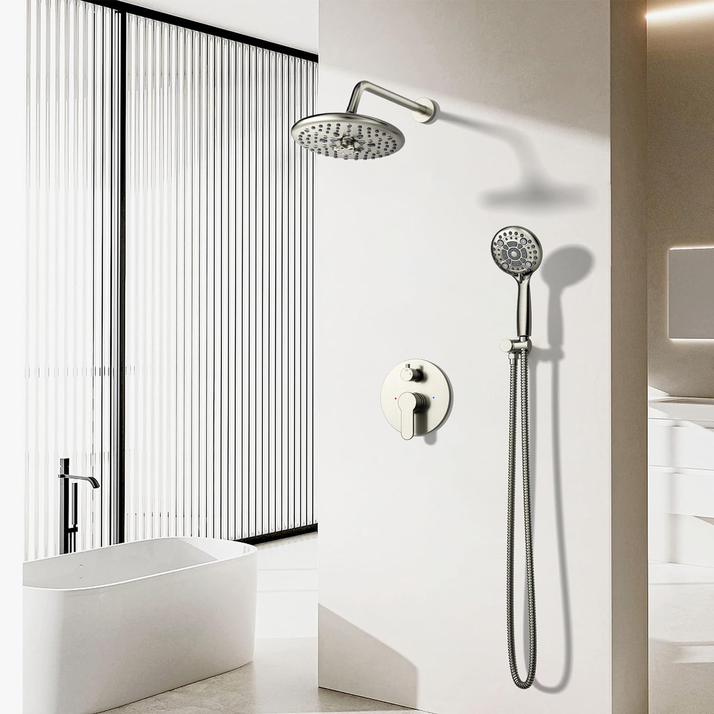 EMBATHER Shower Faucet Sets - Overhead Rain Head Shower System with High Pressure Handheld Complete Combo and Mixer Valve Trim Kit - Brushed Nickel Rainfall Shower Fixture for Luxury Bathroom