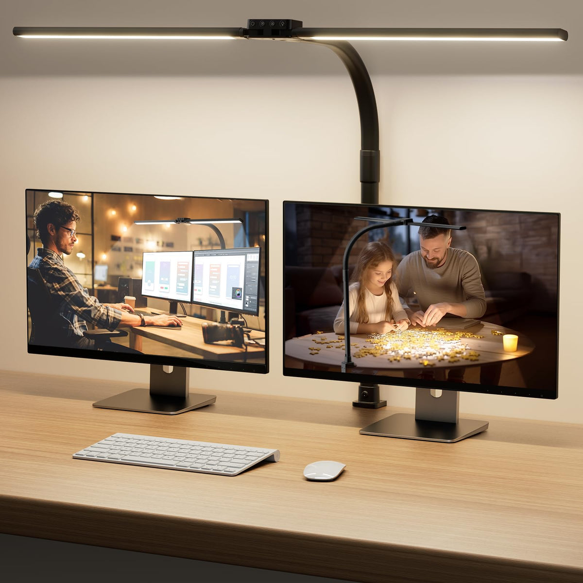 SIBRILLE LED Desk Lamp for Home Office - Eye-Caring Computer Desk Light with Clamp, Rotatable Computer Lighting with Color Changing, Dimmable Monitor Table Lamp with Gooseneck, Double Head, Black