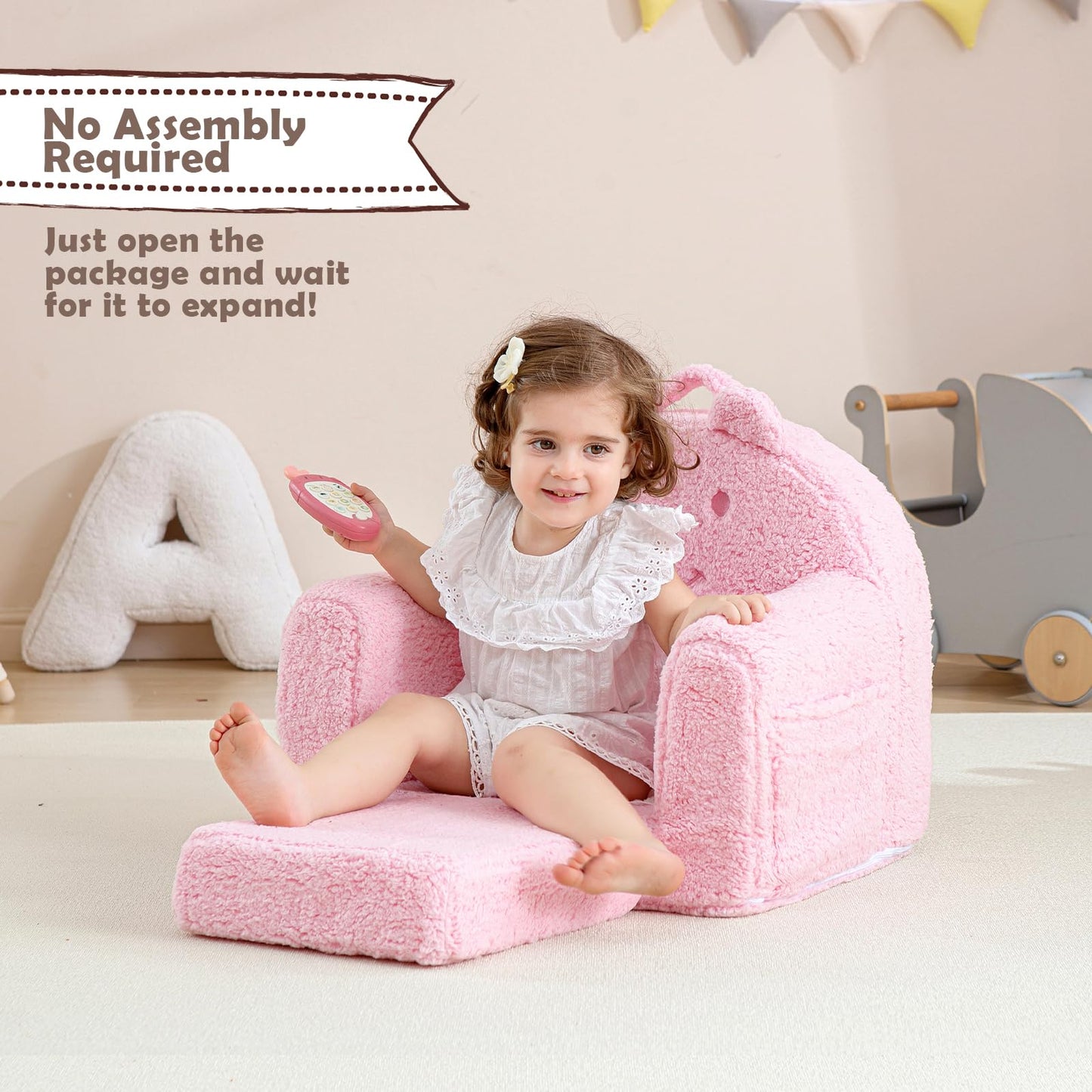 Kisdsa Toddler Chair,Sherpa Bear Kids Chair,Toddler Couch Fold Out,Children Reading Chair,Flip Out Kids Couch,Toddler Sofa Convertible for Age 1-3(Pink Bear)