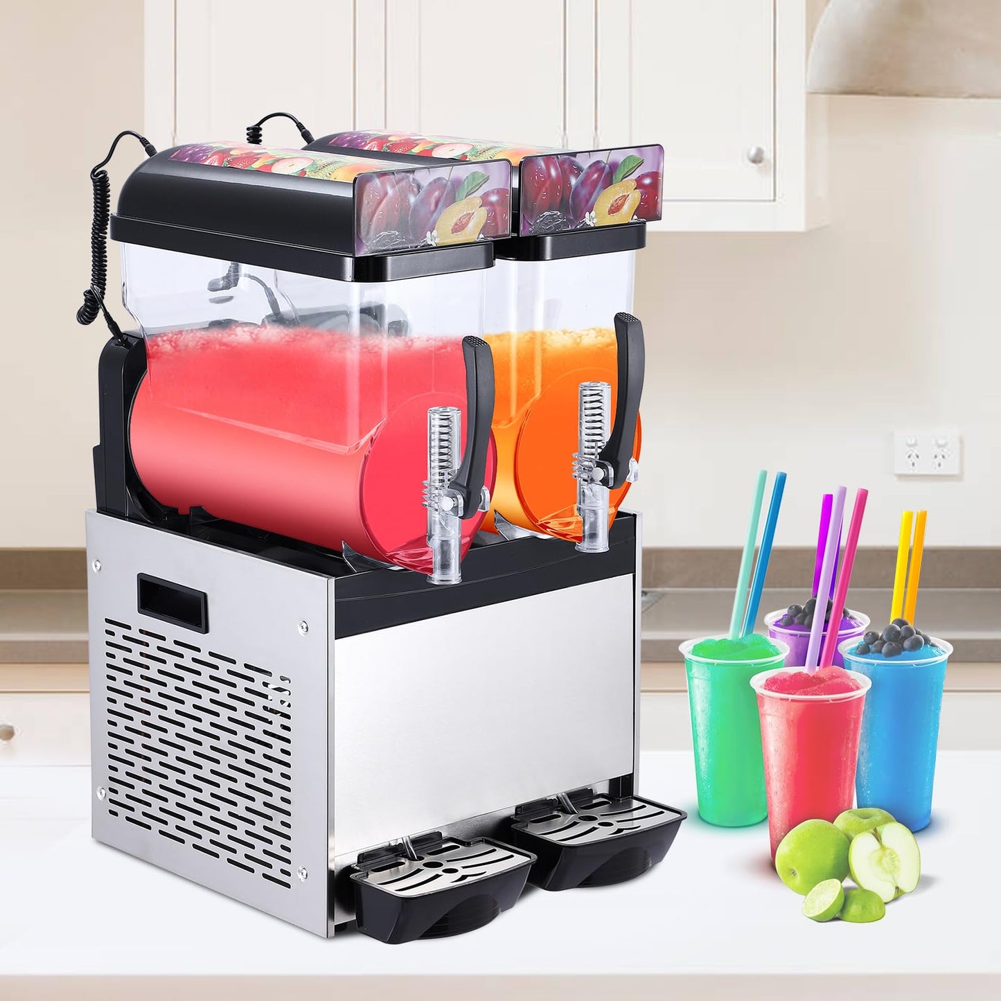 Commercial Slushy Machine, 15Lx2 Double Tank Margarita Machine, Stainless Steel High-Speed Self-Cleaning Frozen Drink Slushie Machine for Bars Restaurants Cafe Home Use