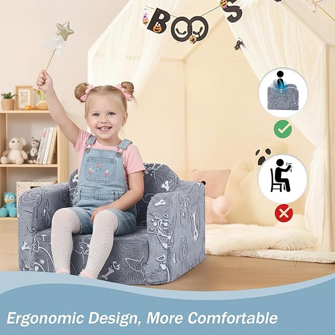 MeMoreCool Glow-in-The-Dark Toddler Sofa Bed – 2-in-1 Convertible Chair & Nap Lounger, Dog Print, Lightweight, Washable for Kids Room | Plush Foam Comfort | Portable Playroom Couch