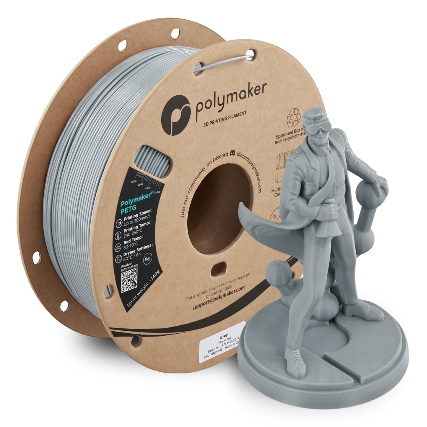 Polymaker PETG Grey 3D Printer Filament 1.75mm 1kg, High Speed PETG up to 300mm/s, High Strength New Formula, Excellent Layer Ad