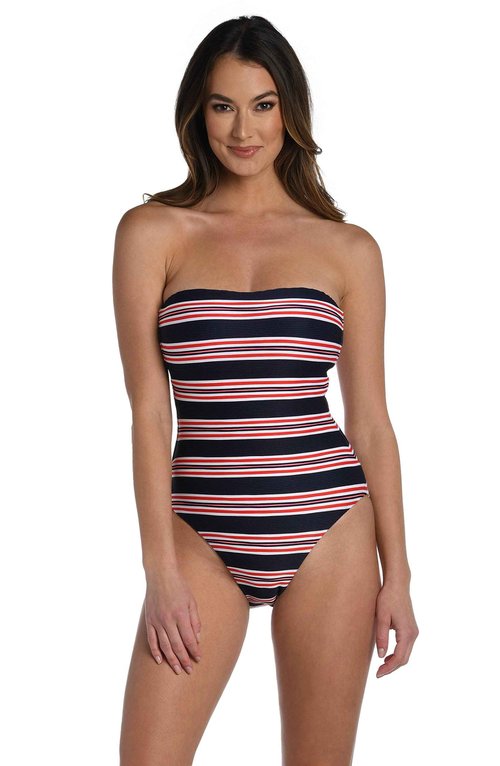 La Blanca Women's Standard Bandeau One Piece Swimsuit, Indigo//Sailor Stripe, 16