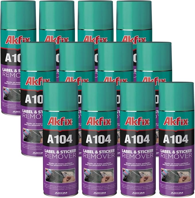 Akfix A104 Sticker Remover Spray - Cleaning Labels on Wood, Glass & Plastic - Safe Decal Remover for Tape, Residue, Gum and Stain Marker, Glue Eraser with Citrus Oil Spray | 6.7 Oz. 12 Pack