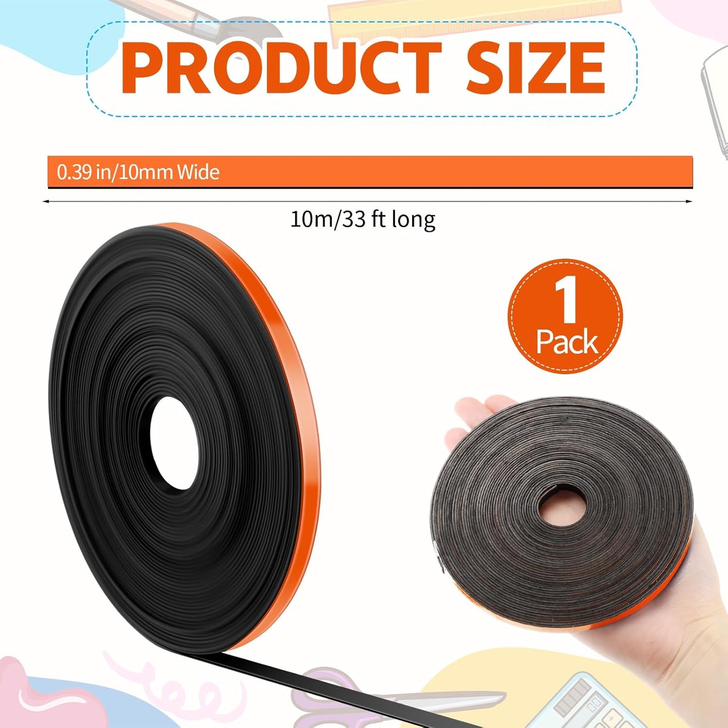 Magnetic Tape Roll Thin Strips, 0.39 Inch x 33 Feet Magnetic Board Dividers Whiteboard Graphic Decorative Tape Marking Line for Classroom Office Art Accessories(Orange)