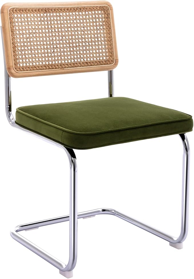 Zesthouse Natural Rattan Dining Chairs Set of 2, Olive Green Modern Kitchen Chairs with Solid Wood Back & Chrome Base, Mid Century Breuer Design Inspired, Upholstered Velvet Fabric